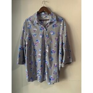 Southern Lady Floral Striped Button Down Blouse 3X Blue Purple Mixed Print Top